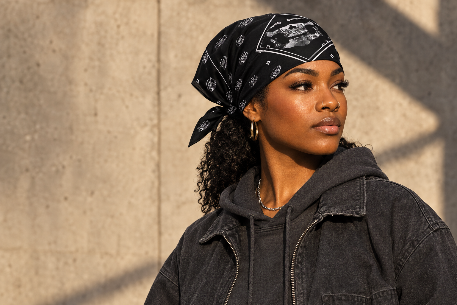 Black Wall Street bandana worn as a head covering
