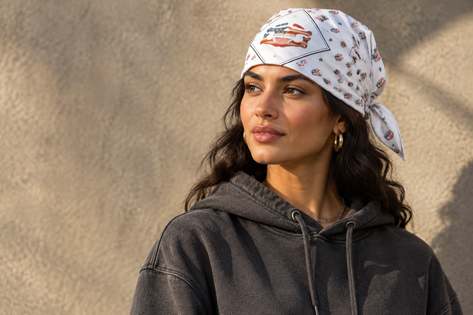 White Crochet 1776 bandana worn as a head covering