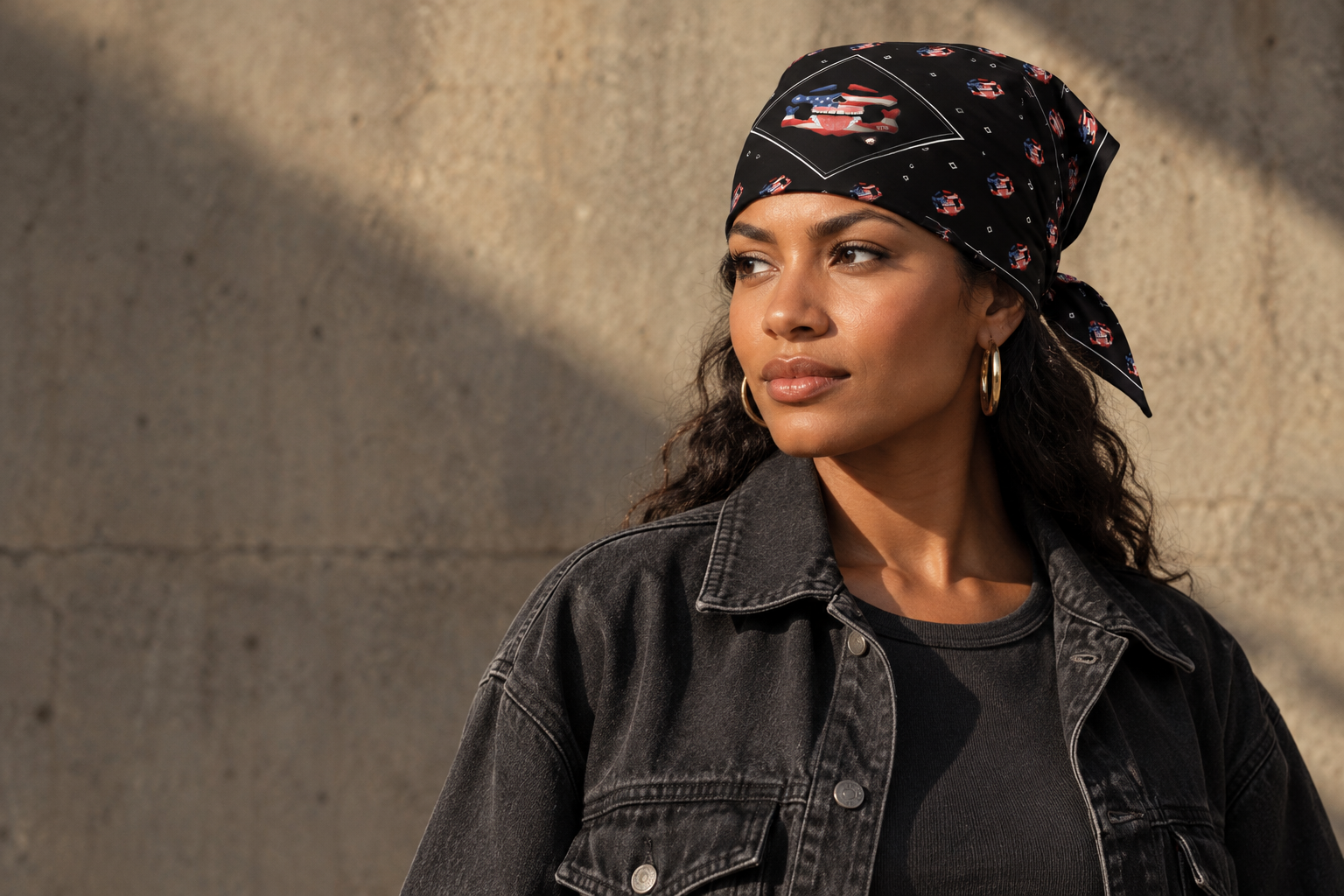 Black Polygon 1776 bandana worn as a head covering