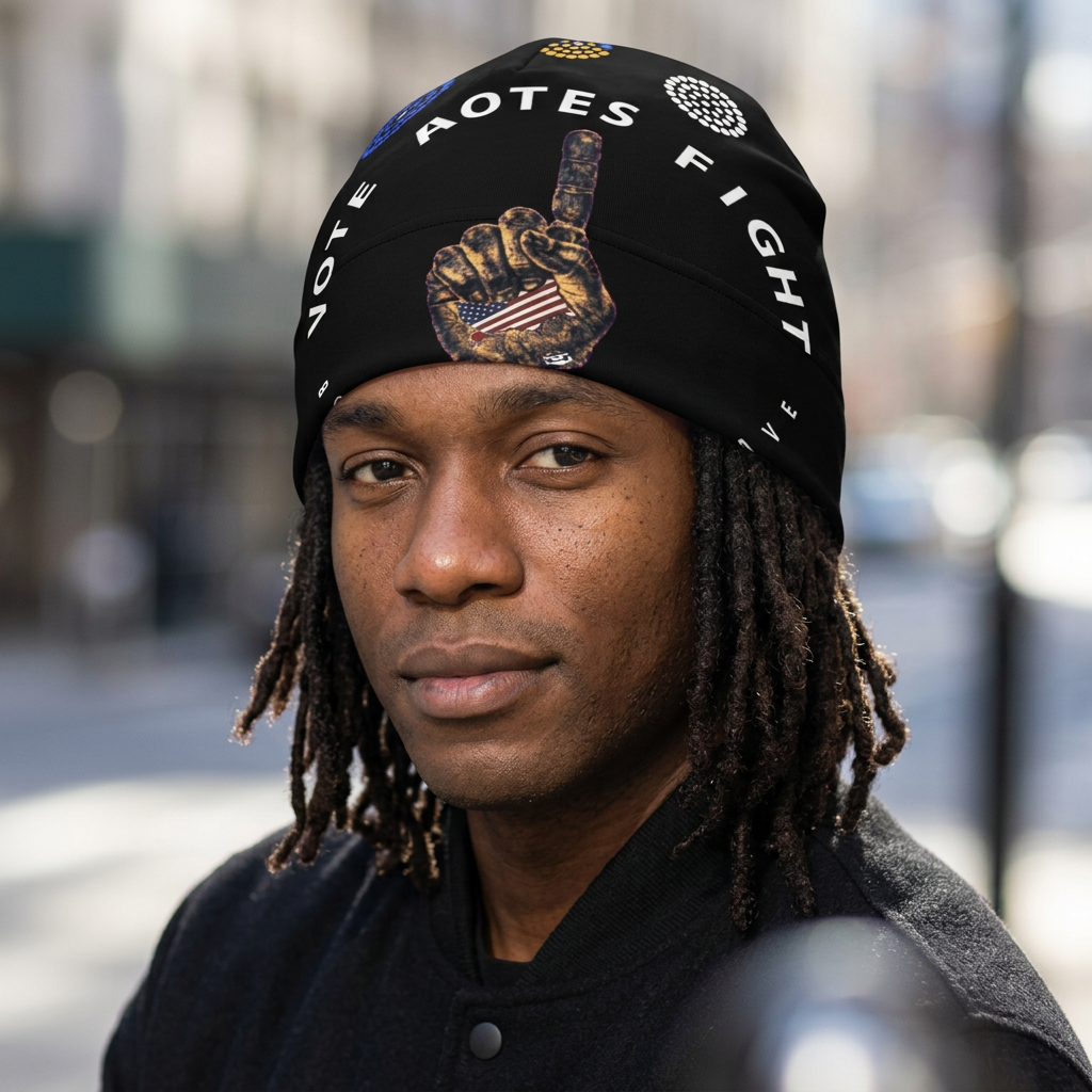 America First Black Beanie — on-person mockup