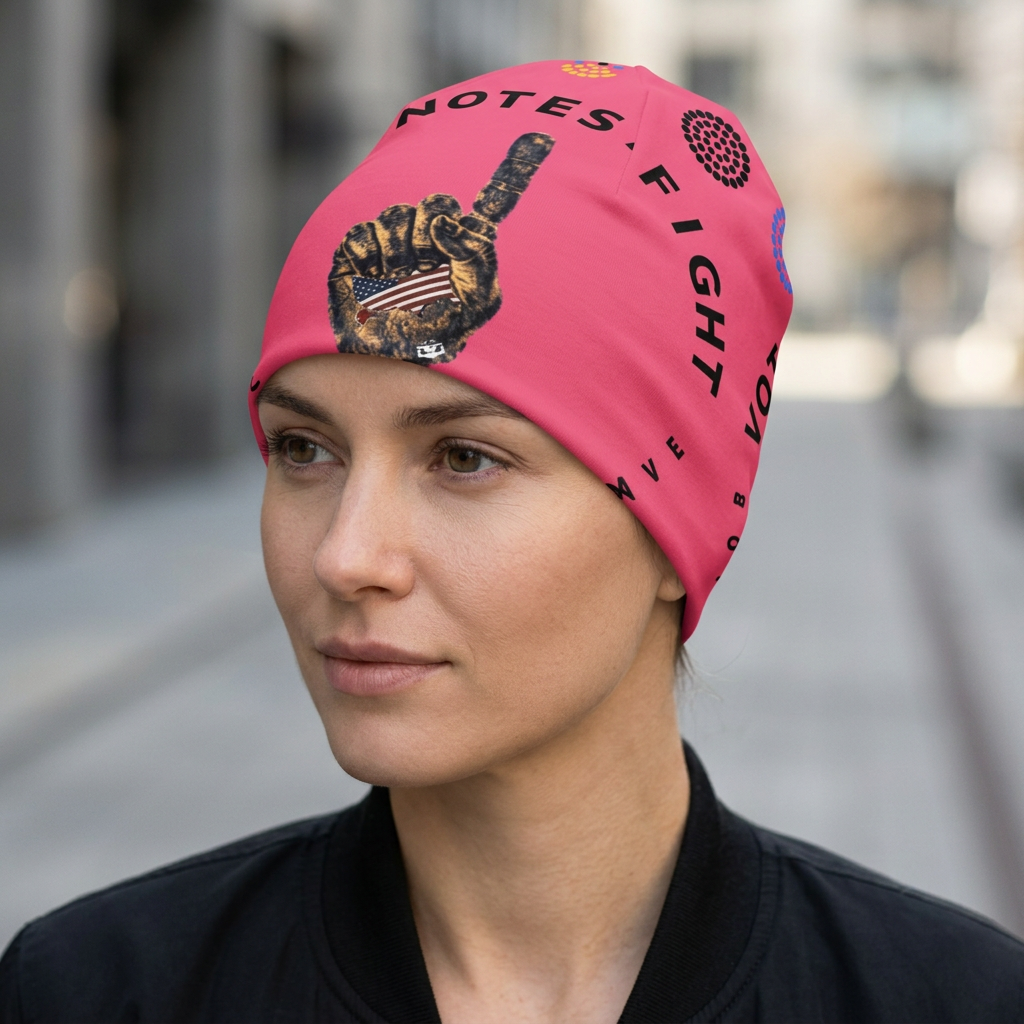 America First Pink Beanie — on-person mockup