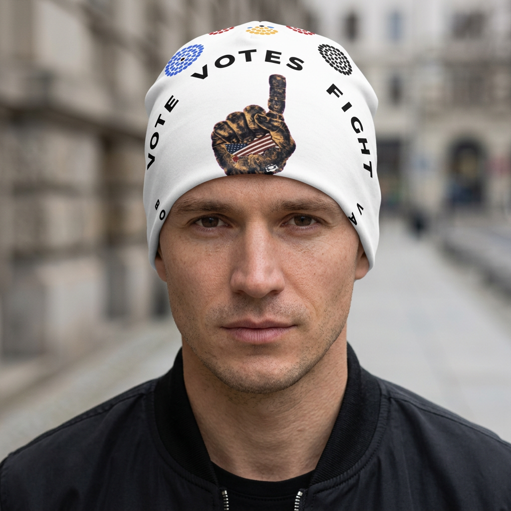 America First White Beanie — on-person mockup