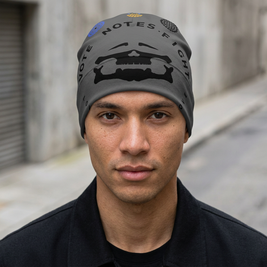 Black Face Logo Grey Beanie — on-person mockup