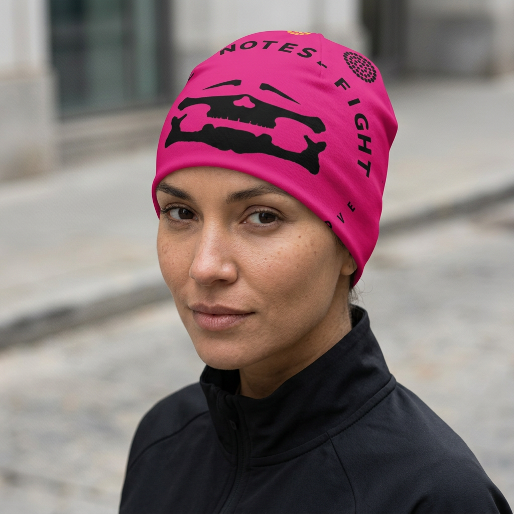 Black Face Logo Pink Beanie — on-person mockup
