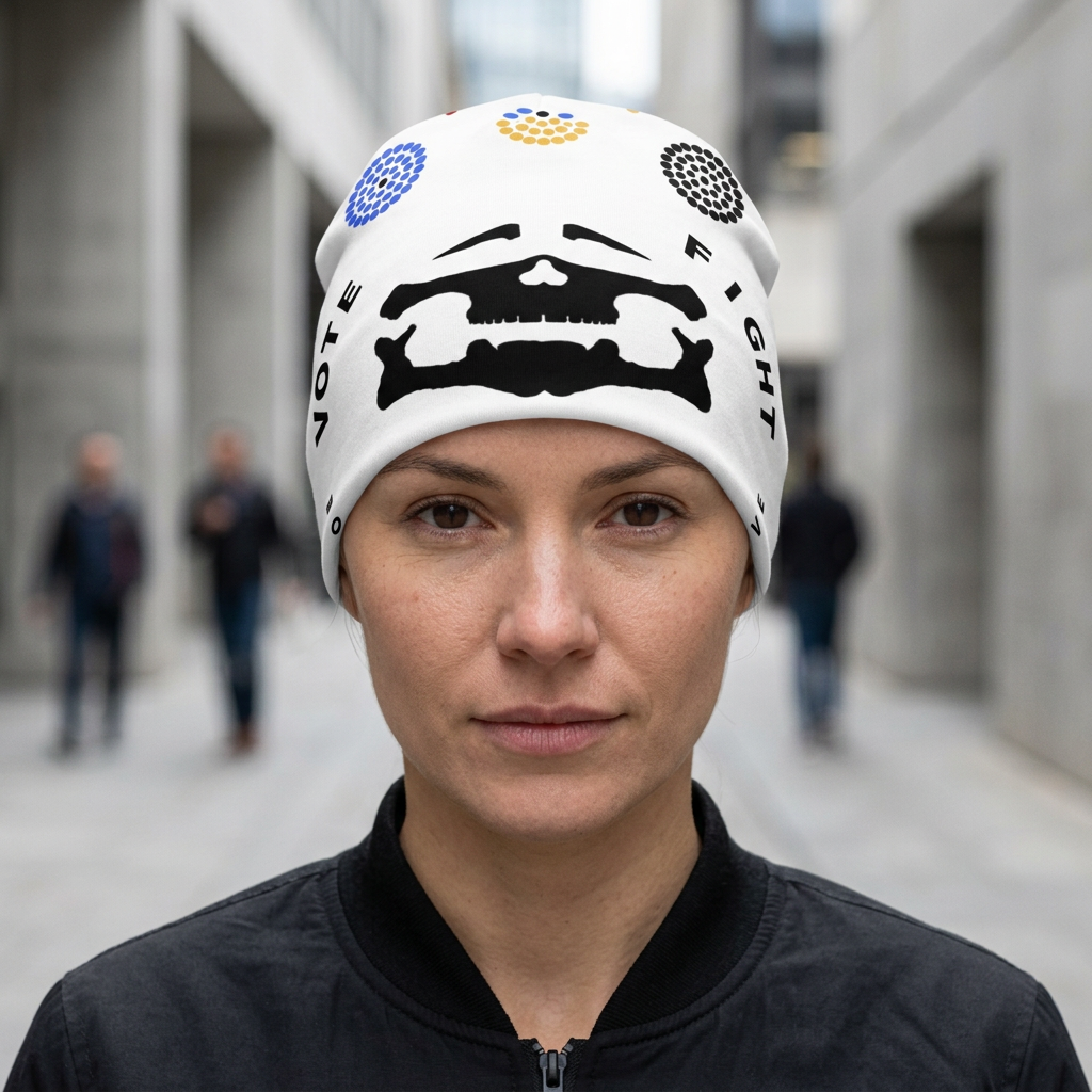 Black Face Logo White Beanie — on-person mockup