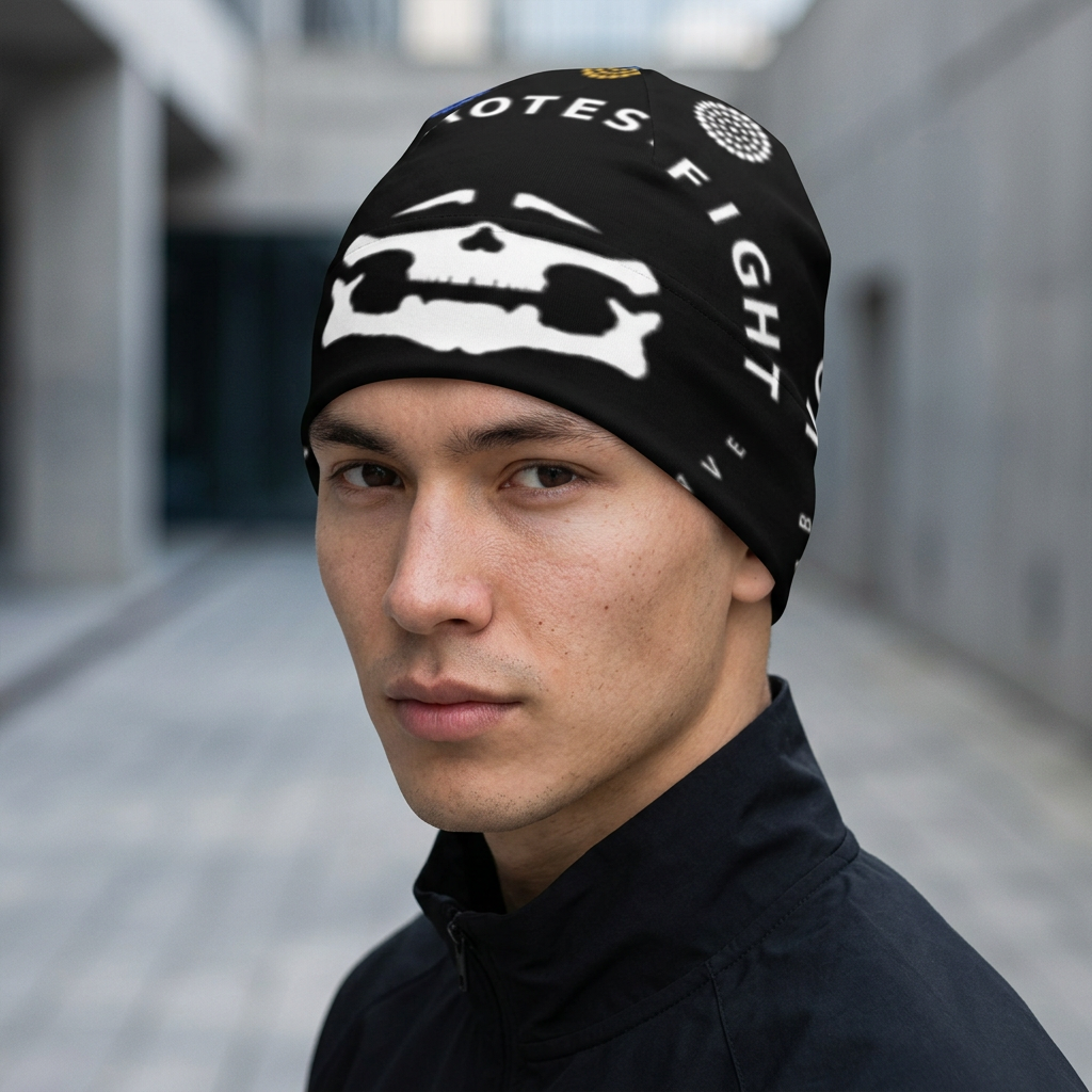 White Face Logo Black Beanie — on-person mockup