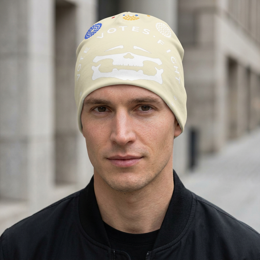 White Face Logo Off-White Beanie — on-person mockup