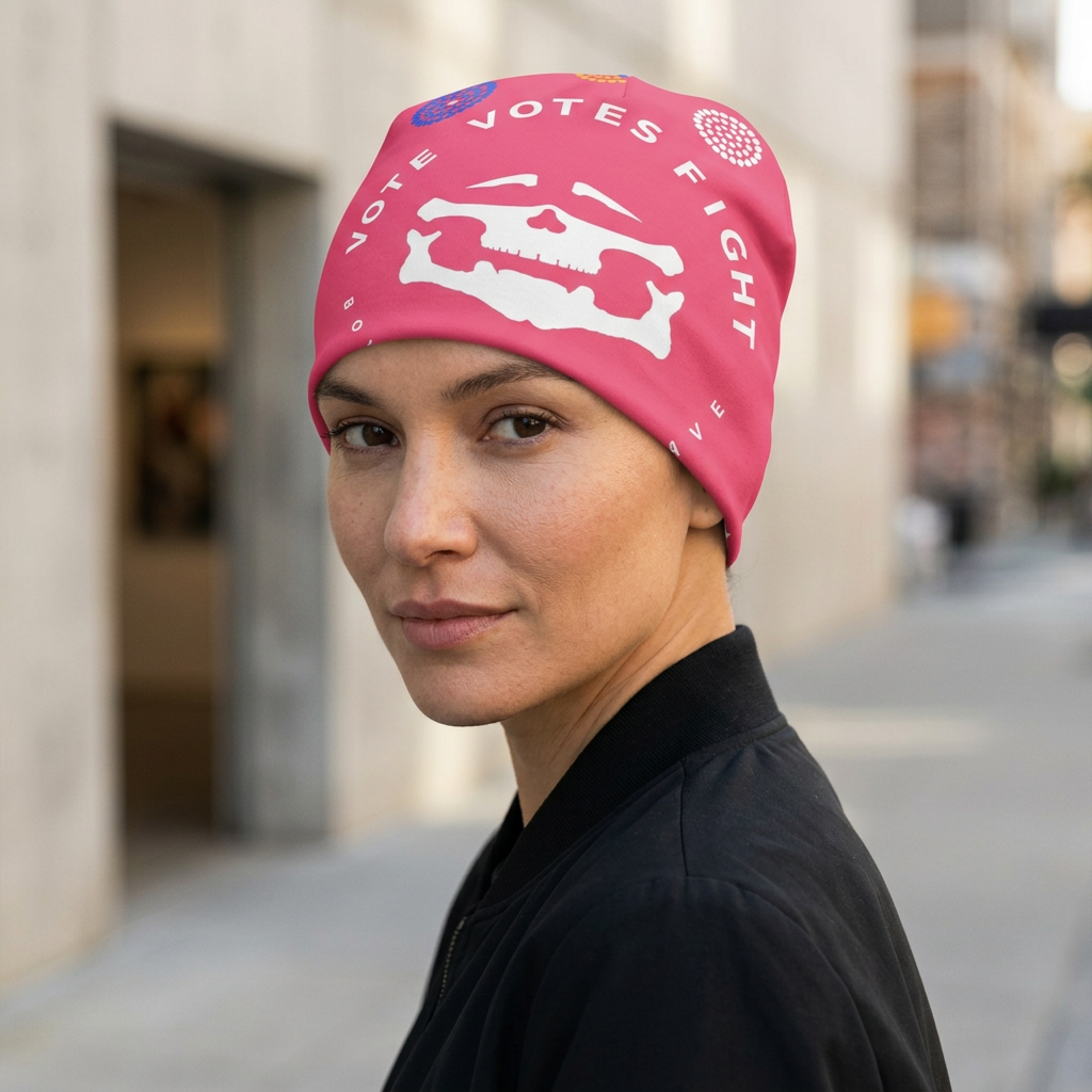White Face Logo Pink Beanie — on-person mockup