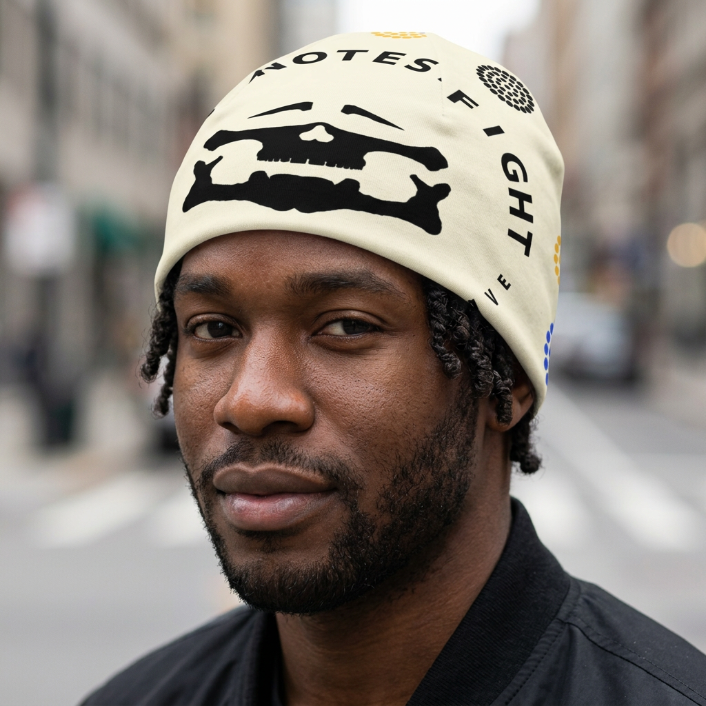 Black Face Logo Off-White Beanie — on-person mockup