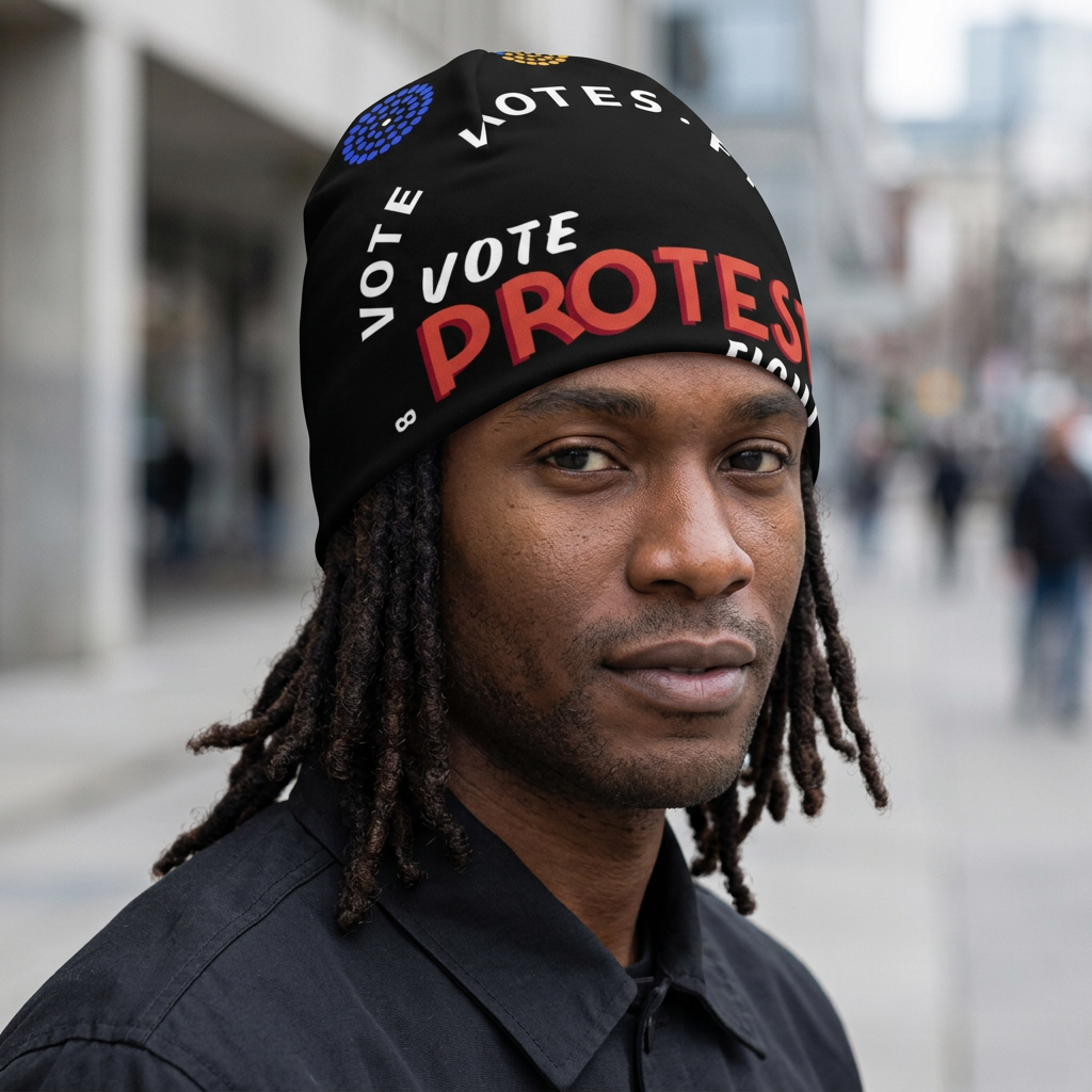 Vote Protest Fight Black Beanie — on-person mockup