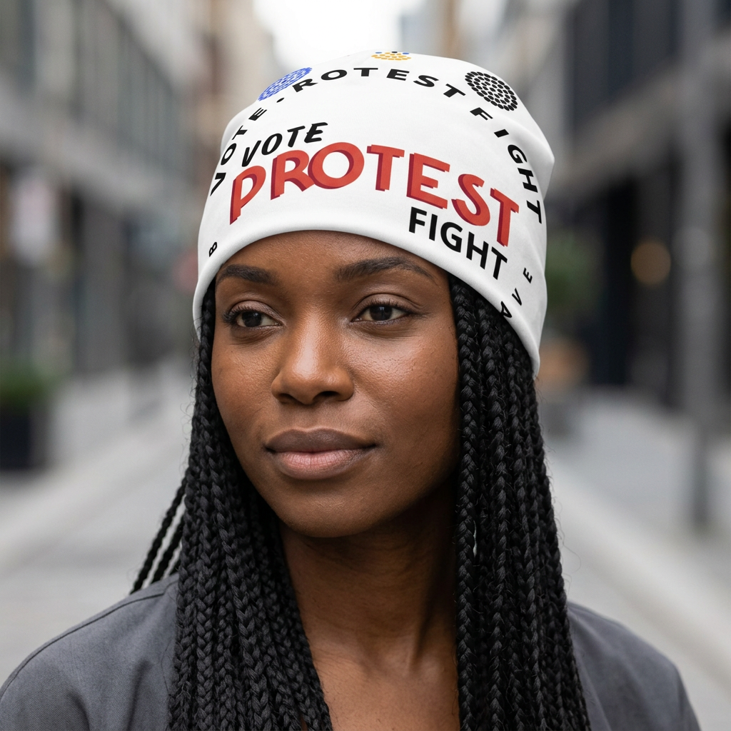 Vote Protest Fight White Beanie — on-person mockup