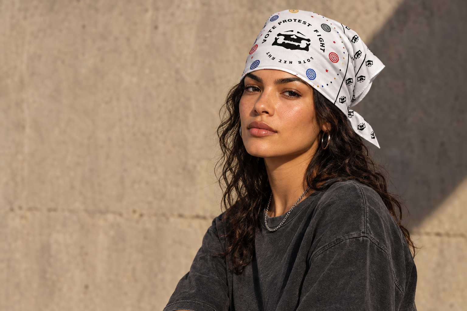White Vote Protest Fight bandana worn as a head covering