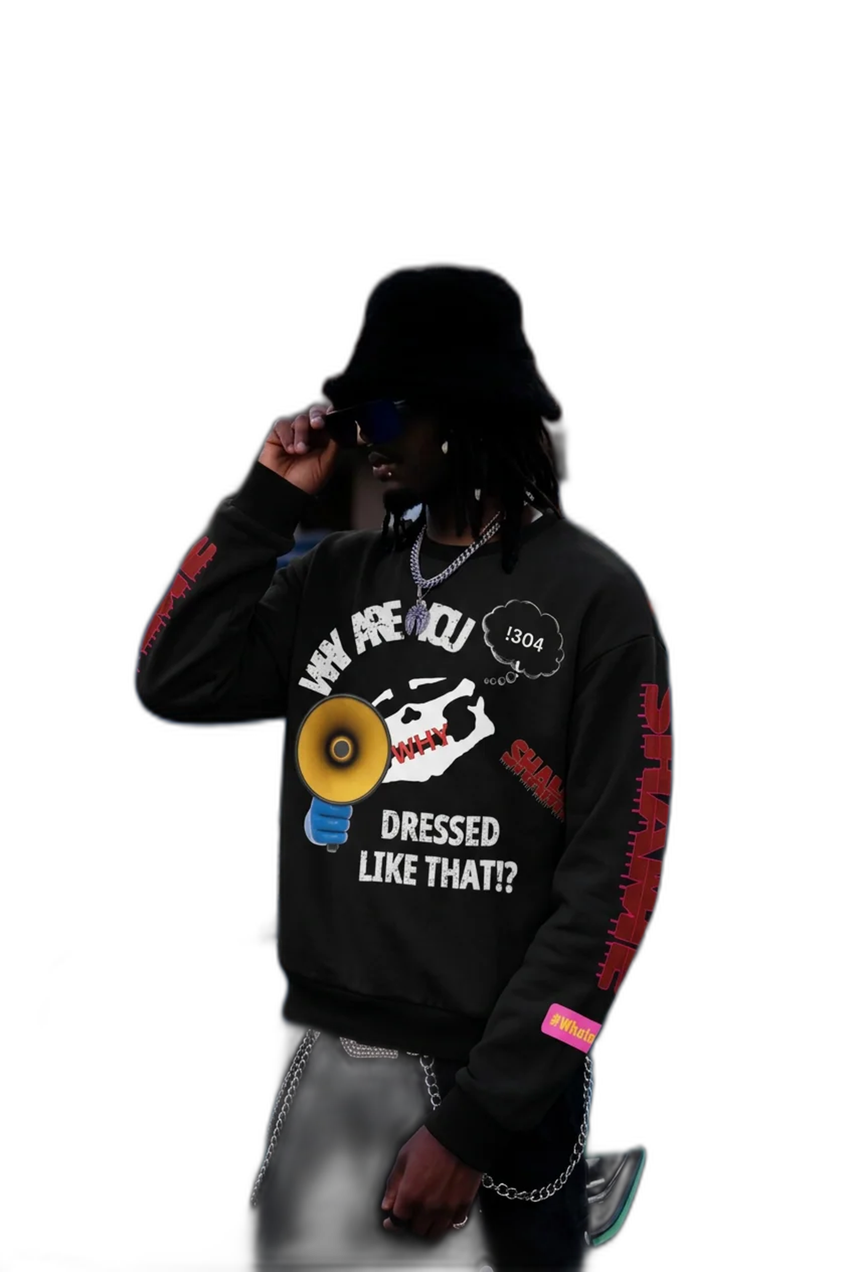 Model wearing the Why Are You Dressed Like That bullhorn black sweatshirt