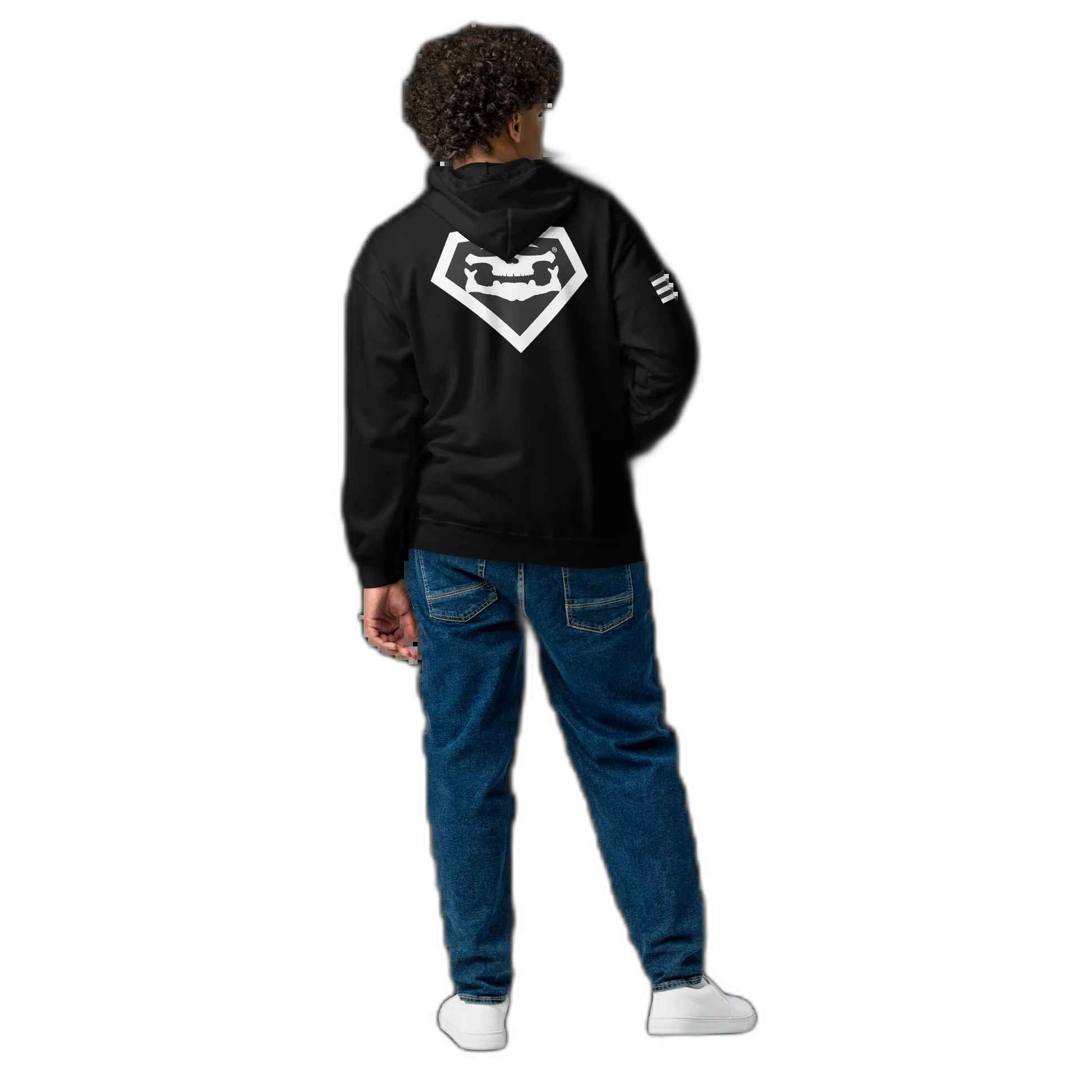 Model wearing the black face badge zip hoodie, back view