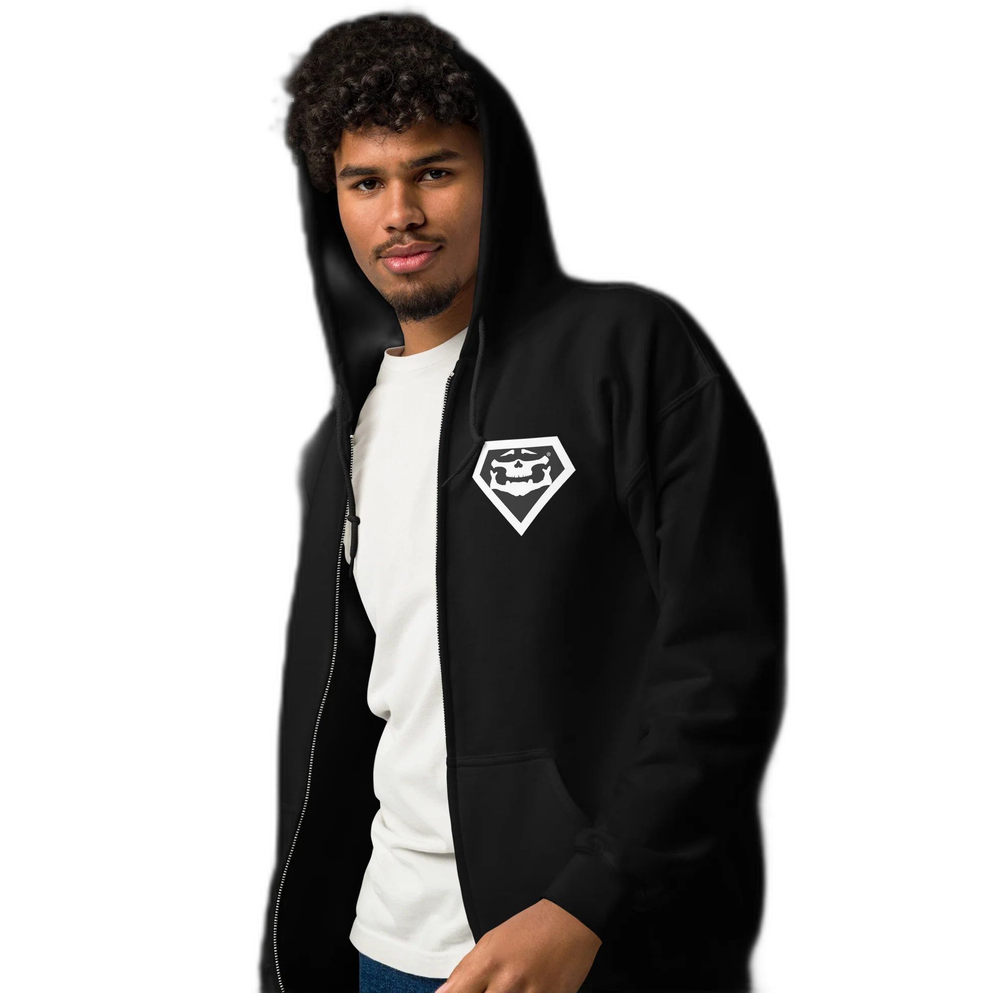 Model wearing the black face badge zip hoodie, front view