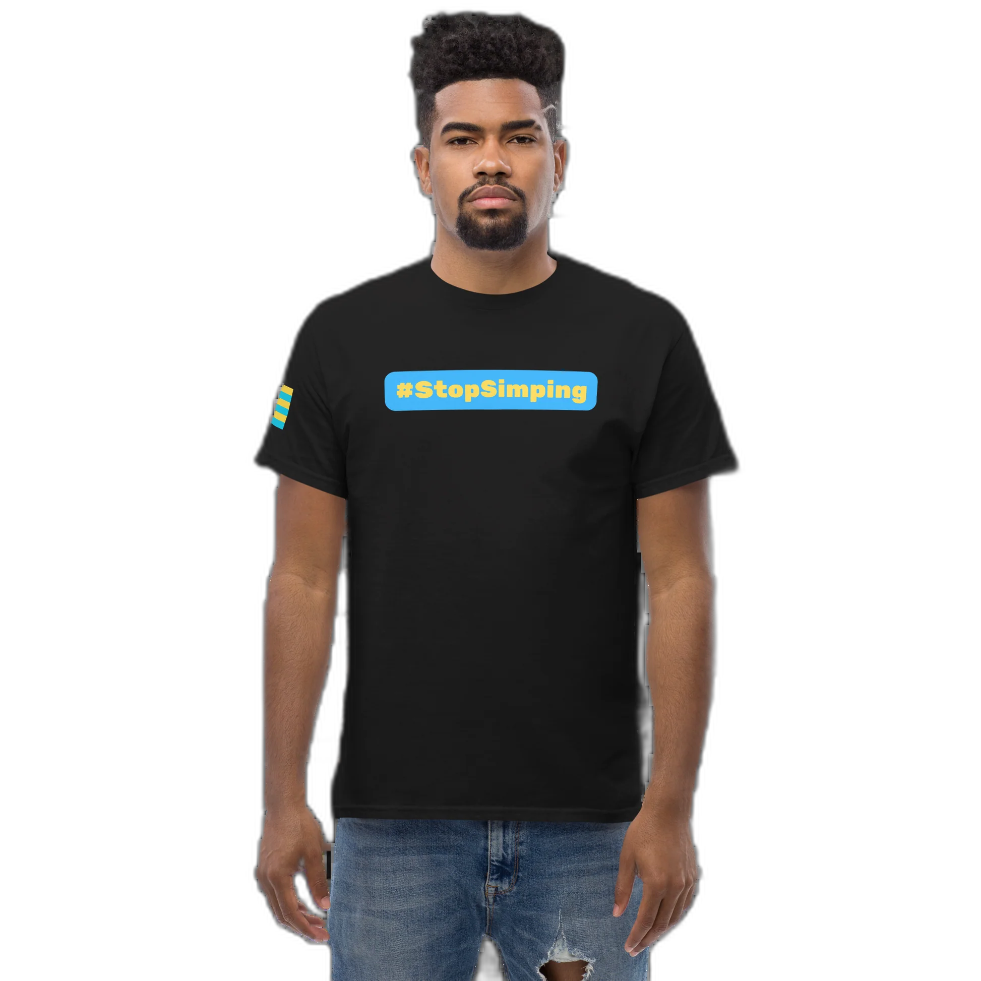 Model wearing the #StopSimping black tee