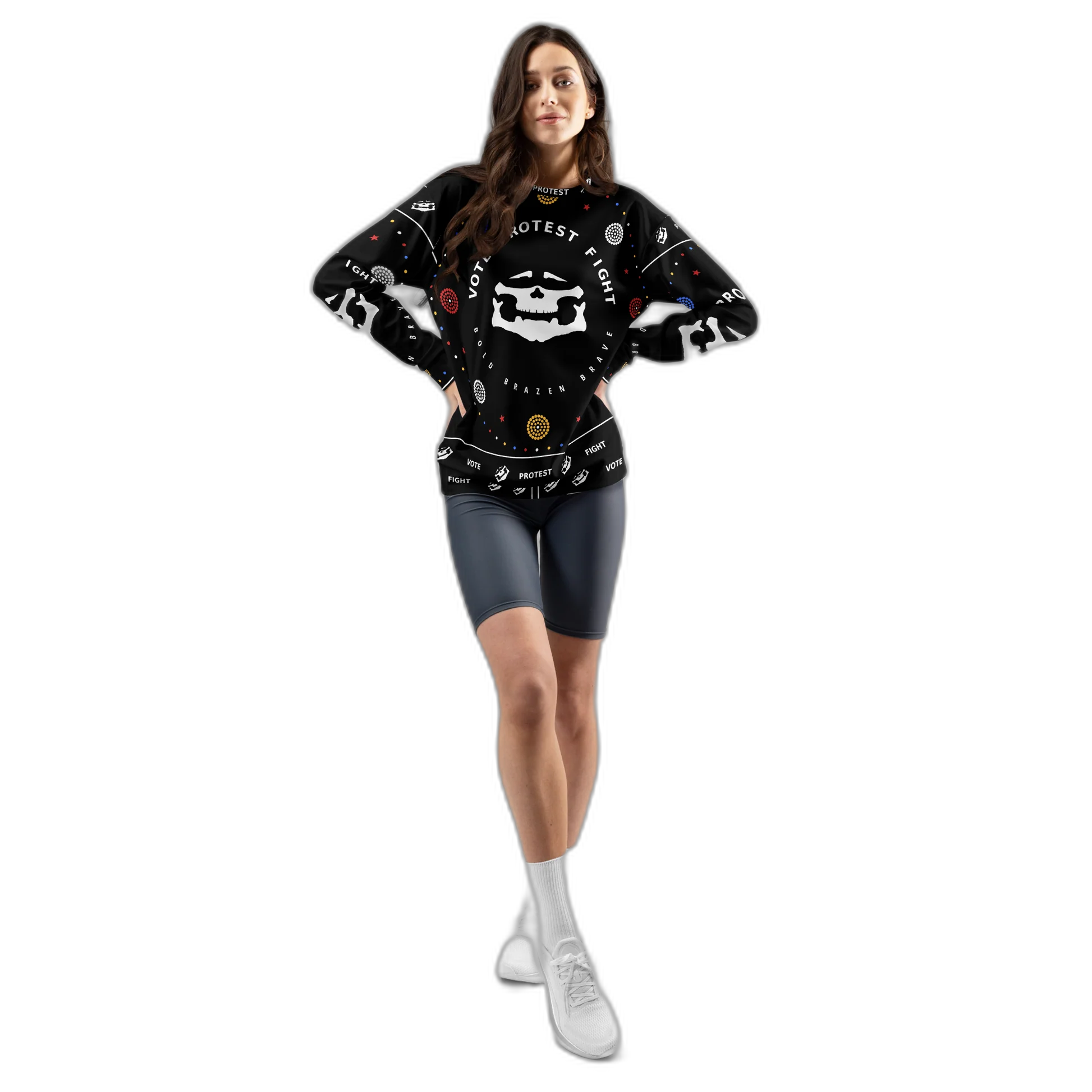 Model wearing the Vote Protest Fight black sweatshirt