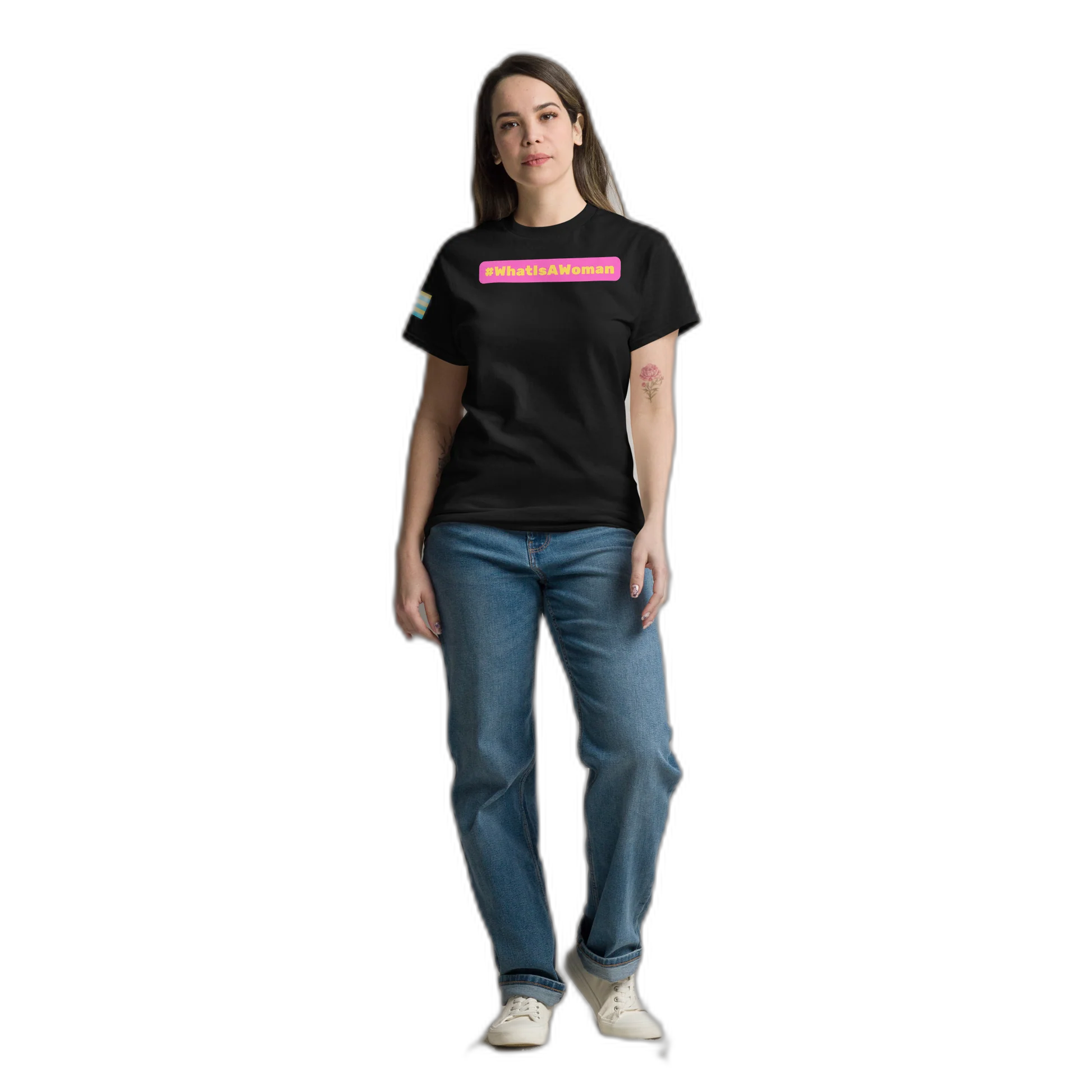 Model wearing the #WhatIsAWoman black tee