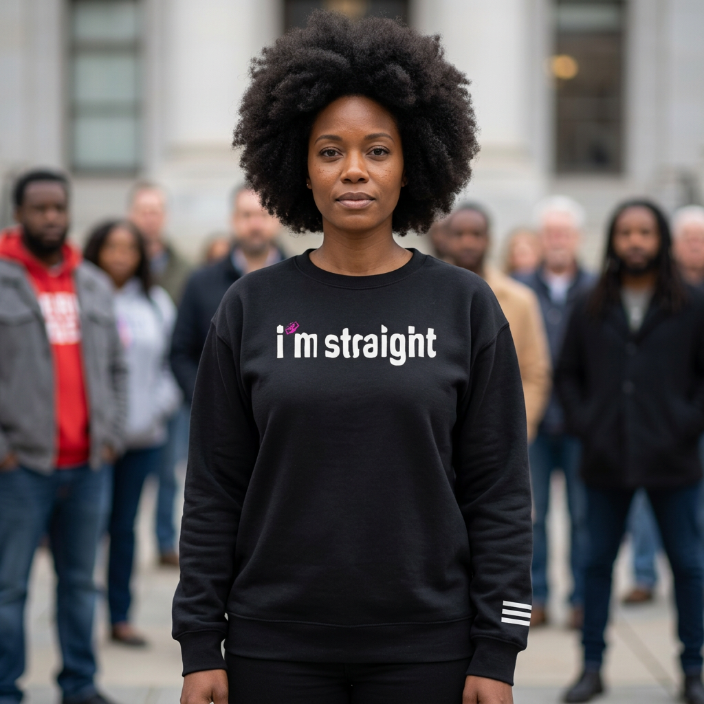 Unisex Premium Sweatshirt, White — 'I'm Straight' Pink Political Statement