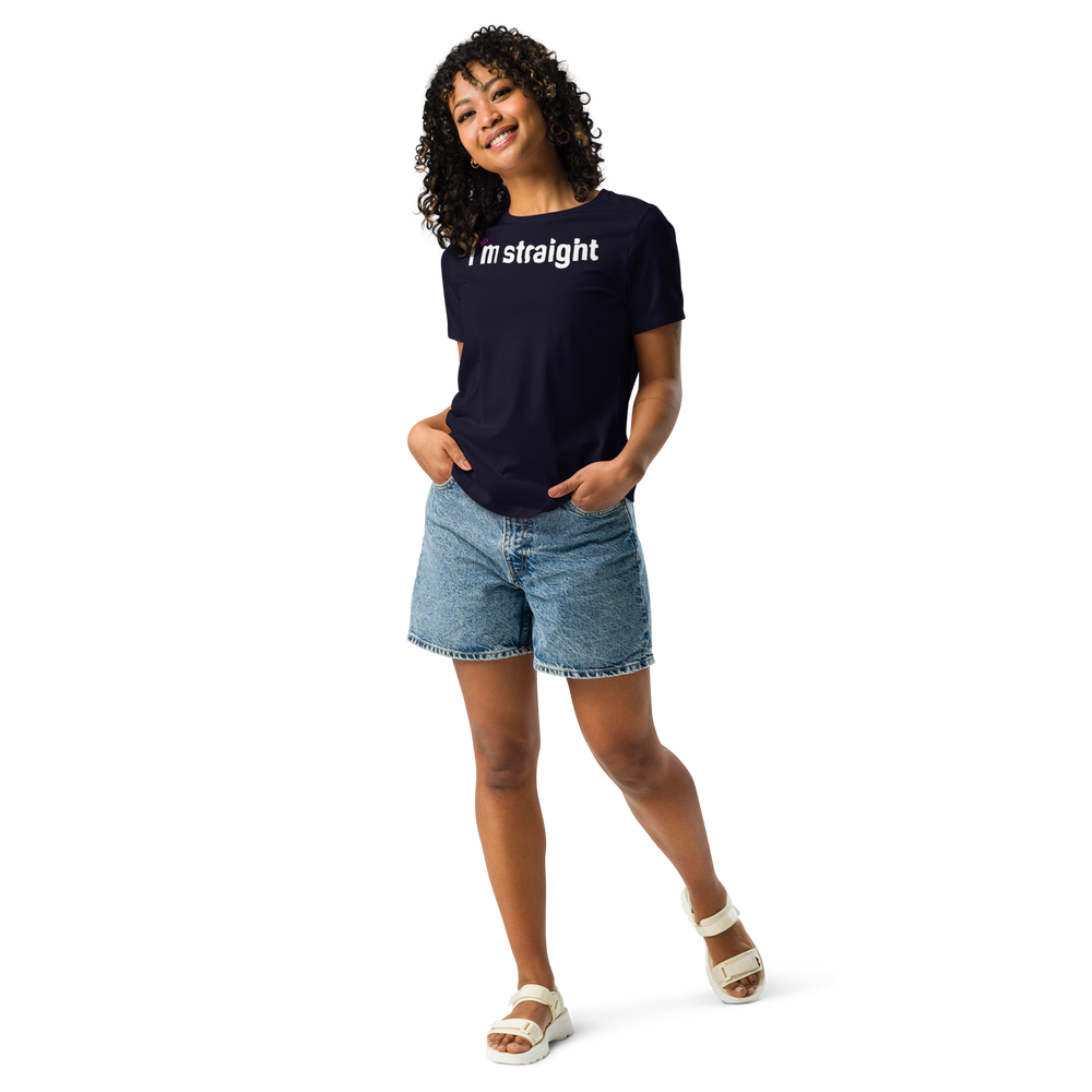 Women's Relaxed T-Shirt, White — 'I'm Straight' Pink Political Statement Tee